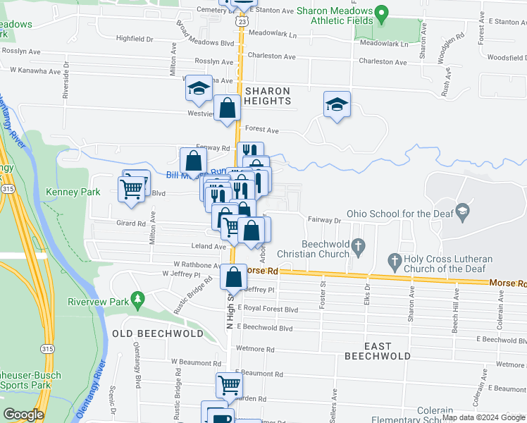 map of restaurants, bars, coffee shops, grocery stores, and more near 54 Georgetown Drive in Columbus