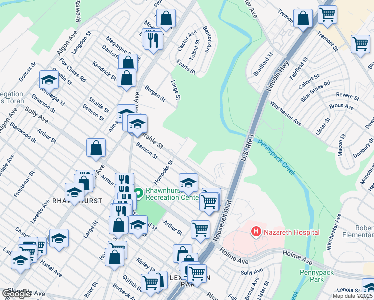 map of restaurants, bars, coffee shops, grocery stores, and more near 2201 Strahle Street in Philadelphia