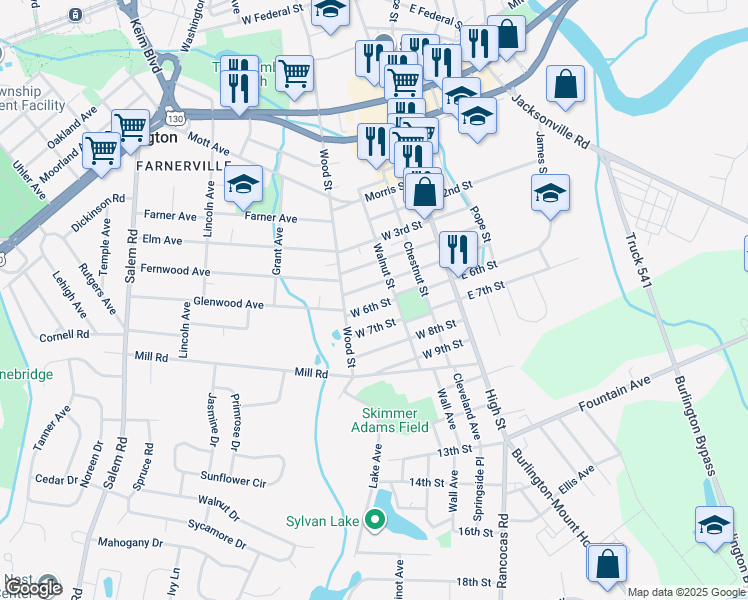 map of restaurants, bars, coffee shops, grocery stores, and more near 75 West 6th Street in Burlington