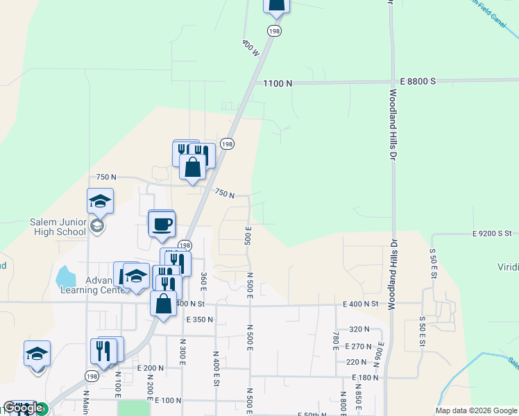 map of restaurants, bars, coffee shops, grocery stores, and more near 689 North 540 East in Salem