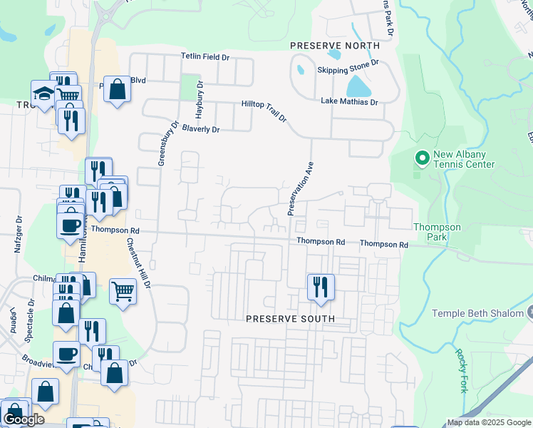 map of restaurants, bars, coffee shops, grocery stores, and more near 6220 Stonewalk Lane in New Albany