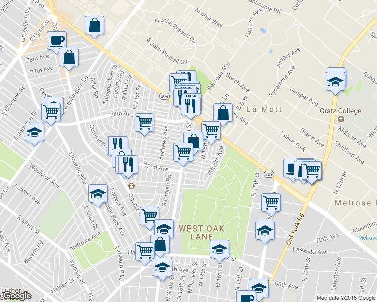 map of restaurants, bars, coffee shops, grocery stores, and more near 1838 73rd Avenue in Philadelphia
