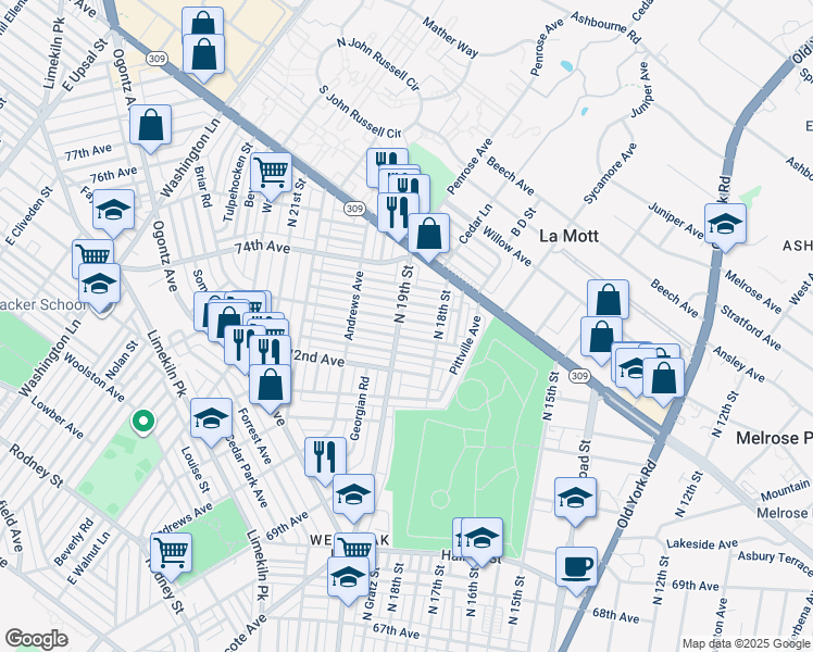 map of restaurants, bars, coffee shops, grocery stores, and more near 1838 73rd Avenue in Philadelphia