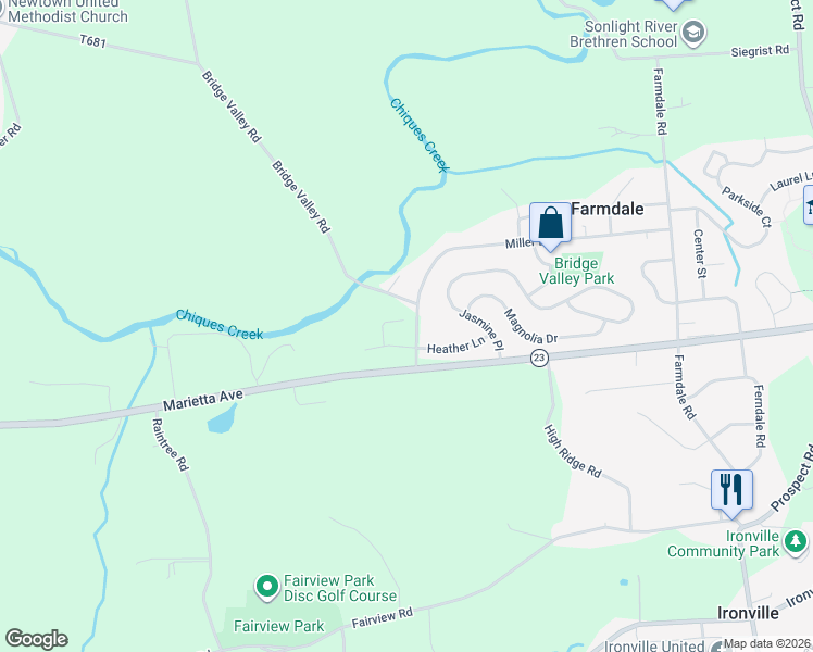 map of restaurants, bars, coffee shops, grocery stores, and more near 4223 Heather Lane in Mount Joy