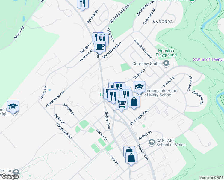 map of restaurants, bars, coffee shops, grocery stores, and more near 700 East Cathedral Road in Philadelphia