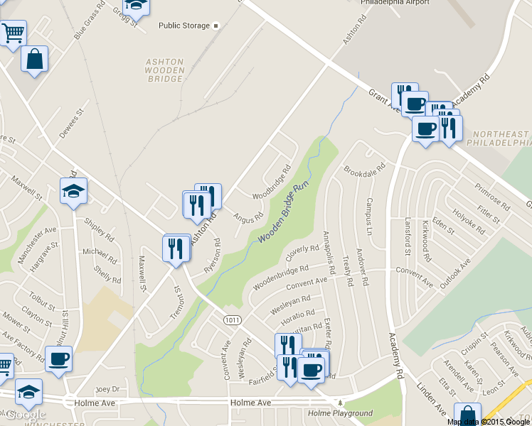 map of restaurants, bars, coffee shops, grocery stores, and more near 2876 Angus Road in Philadelphia