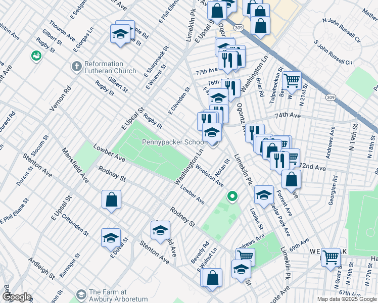 map of restaurants, bars, coffee shops, grocery stores, and more near 7416 Rugby Street in Philadelphia