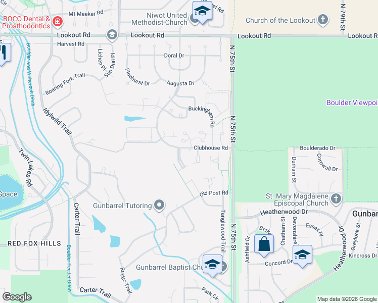 map of restaurants, bars, coffee shops, grocery stores, and more near 4975 Clubhouse Circle in Boulder