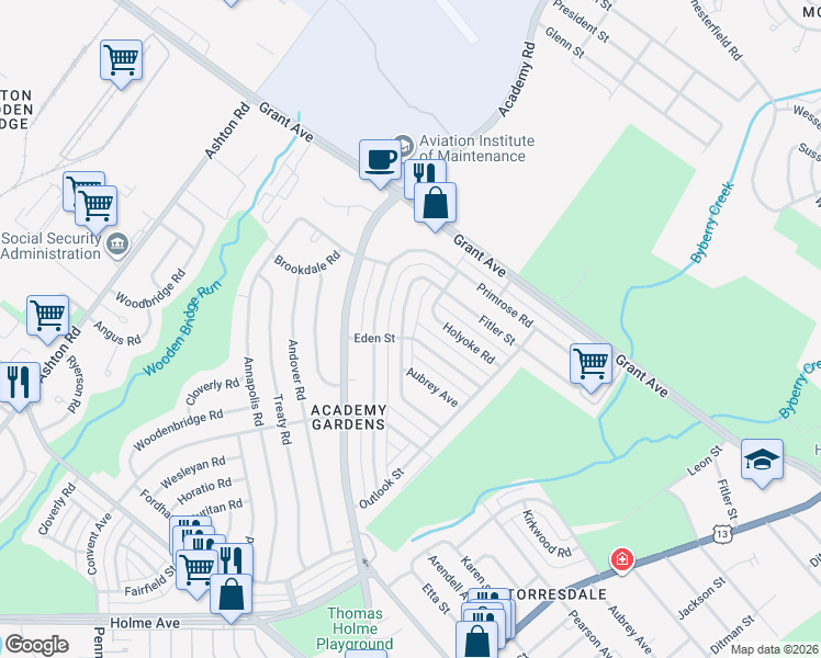map of restaurants, bars, coffee shops, grocery stores, and more near 9400 Kirkwood Road in Philadelphia