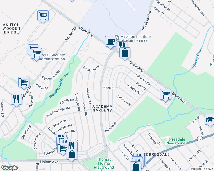 map of restaurants, bars, coffee shops, grocery stores, and more near 9401 Academy Road in Philadelphia