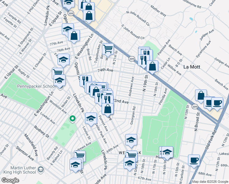 map of restaurants, bars, coffee shops, grocery stores, and more near 7224 North 20th Street in Philadelphia