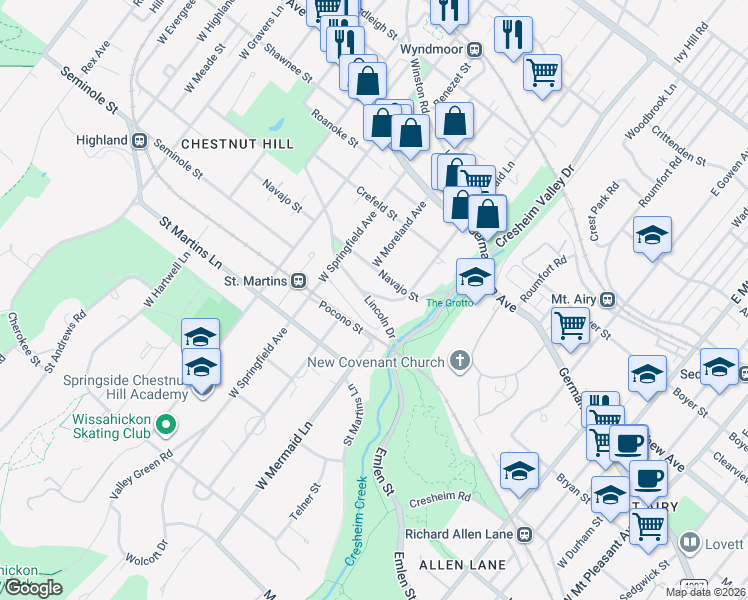 map of restaurants, bars, coffee shops, grocery stores, and more near 7703 Lincoln Drive in Philadelphia