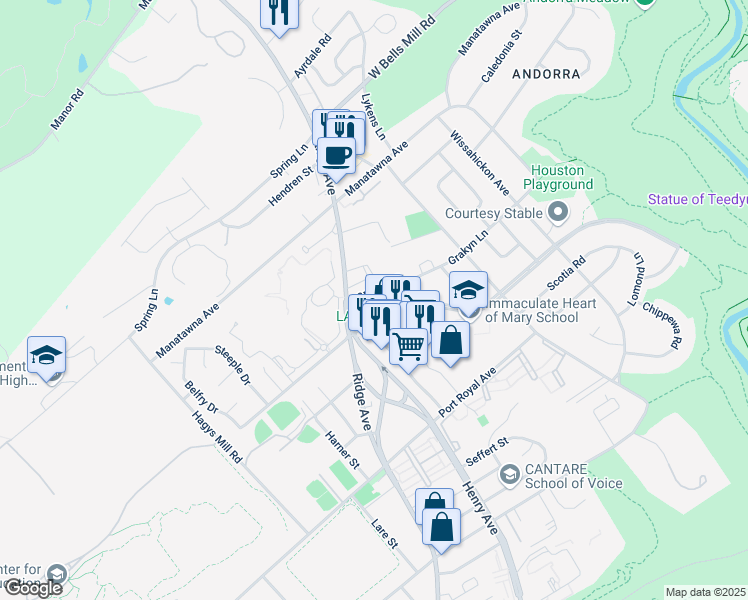 map of restaurants, bars, coffee shops, grocery stores, and more near 702 Cathedral Road in Philadelphia
