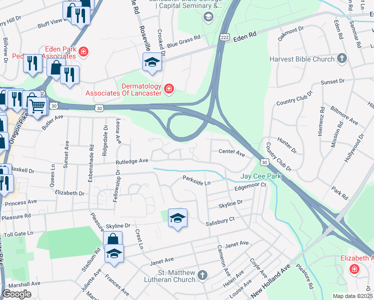 map of restaurants, bars, coffee shops, grocery stores, and more near 105 Delancy Place in Lancaster