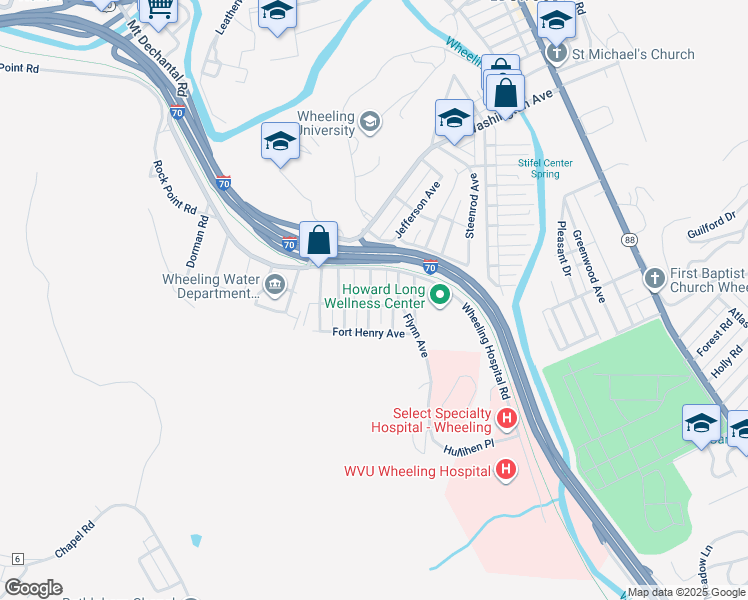 map of restaurants, bars, coffee shops, grocery stores, and more near 1081-1097 Flynn Avenue in Wheeling
