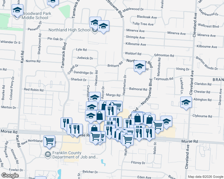 map of restaurants, bars, coffee shops, grocery stores, and more near 2063 Balmoral Court in Columbus