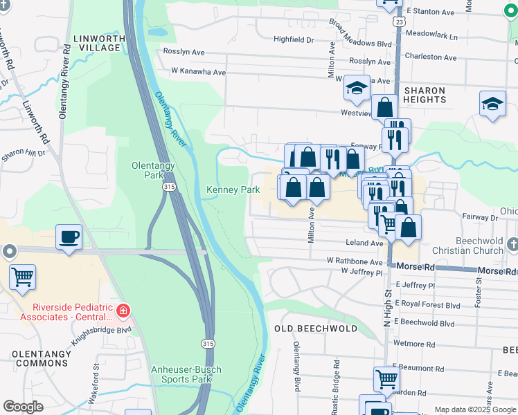 map of restaurants, bars, coffee shops, grocery stores, and more near 335 Graceland Boulevard in Columbus