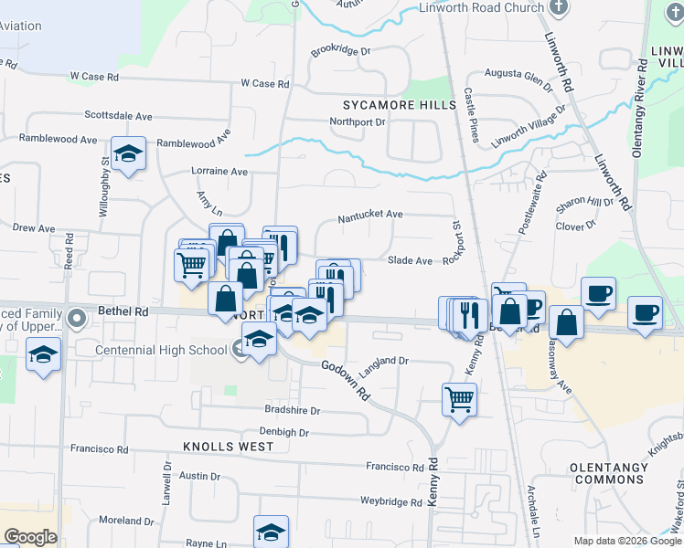 map of restaurants, bars, coffee shops, grocery stores, and more near 1301 Palmer House Court in Columbus