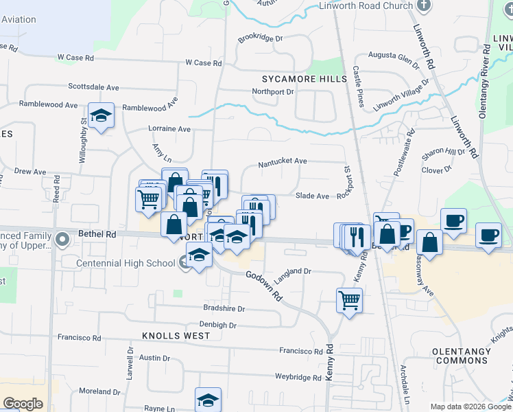 map of restaurants, bars, coffee shops, grocery stores, and more near 1301 Palmer House Court in Columbus