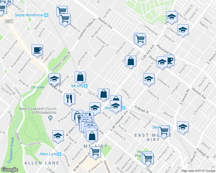 map of restaurants, bars, coffee shops, grocery stores, and more near 317 East Allens Lane in Philadelphia