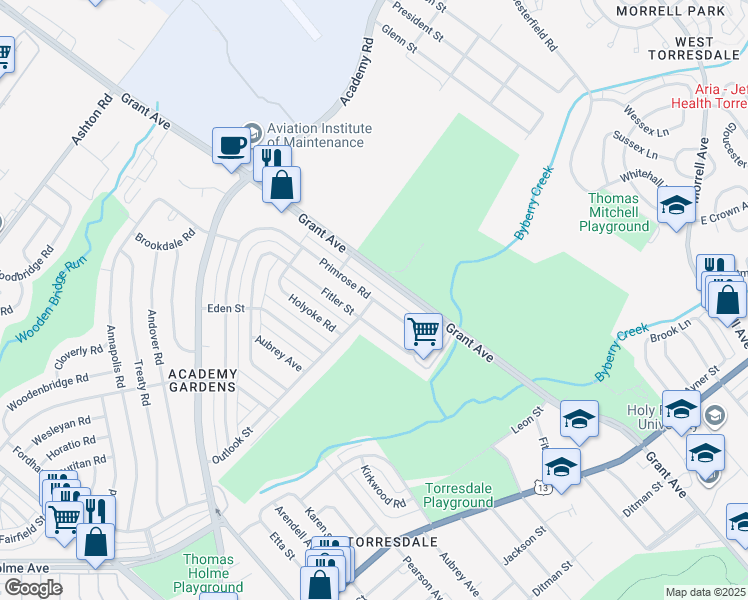 map of restaurants, bars, coffee shops, grocery stores, and more near Primrose Rd & Outlook Ave in Philadelphia