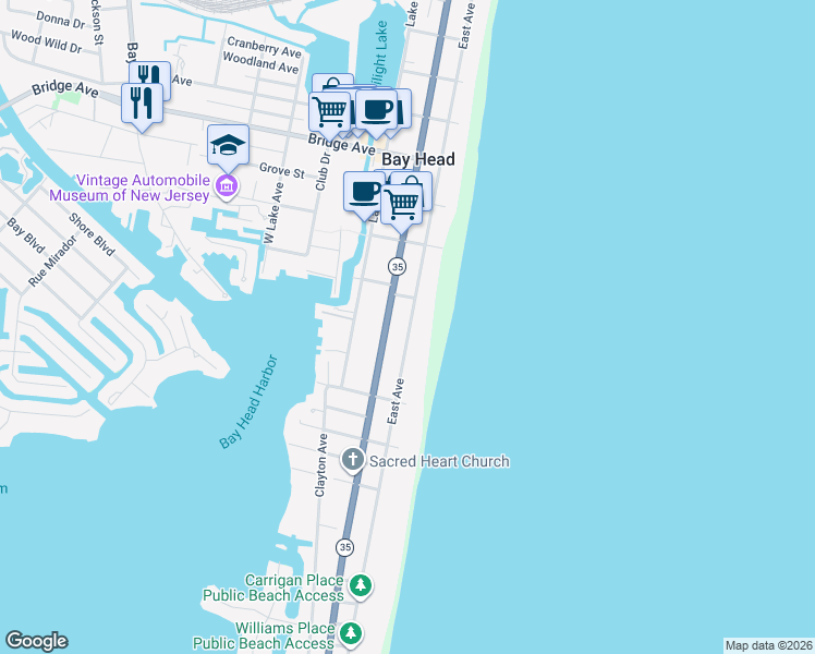 map of restaurants, bars, coffee shops, grocery stores, and more near 634 East Avenue in Bay Head