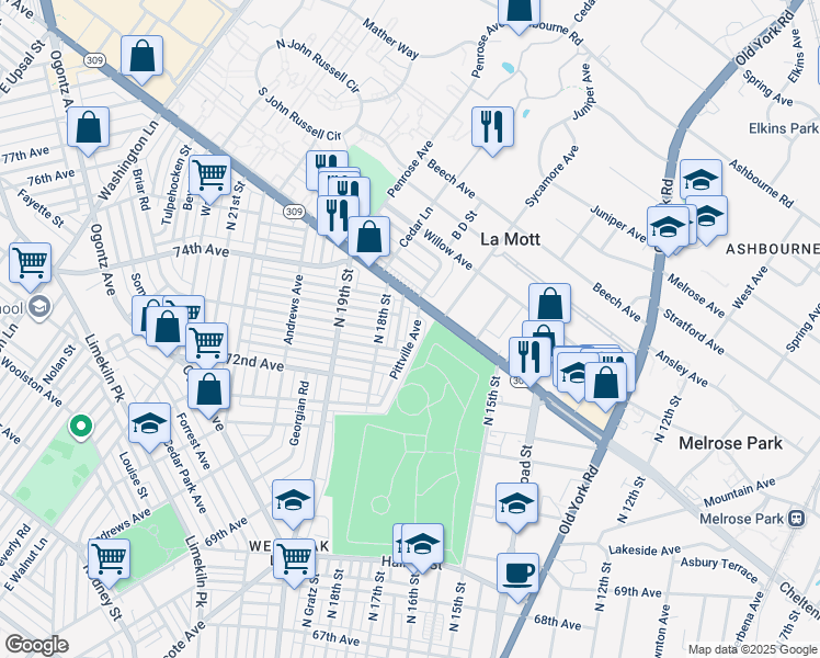 map of restaurants, bars, coffee shops, grocery stores, and more near 7324 Pittville Avenue in Philadelphia