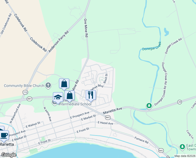 map of restaurants, bars, coffee shops, grocery stores, and more near 213 Basil Street in Marietta