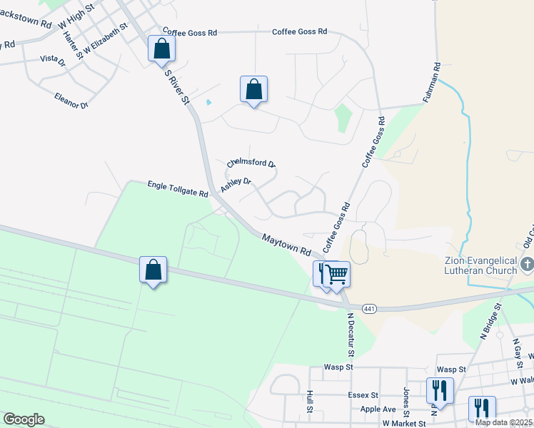 map of restaurants, bars, coffee shops, grocery stores, and more near 76 Ashley Dr in Marietta