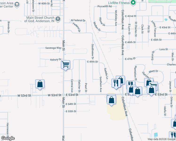 map of restaurants, bars, coffee shops, grocery stores, and more near 5019 Pearl Street in Anderson