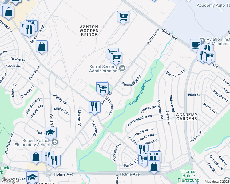 map of restaurants, bars, coffee shops, grocery stores, and more near 2808 Angus Road in Philadelphia