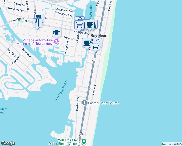 map of restaurants, bars, coffee shops, grocery stores, and more near 634 East Avenue in Bay Head