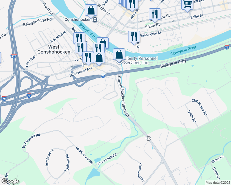 map of restaurants, bars, coffee shops, grocery stores, and more near 400 Merion Hill Lane in Conshohocken