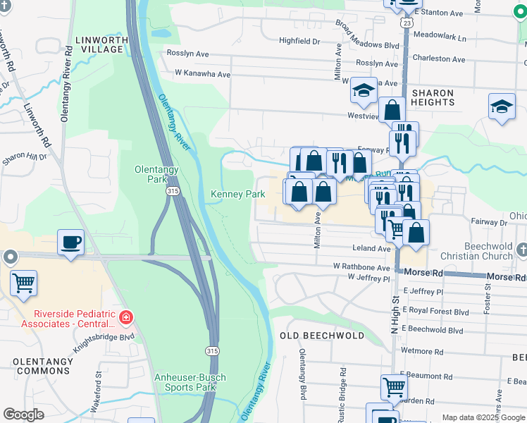 map of restaurants, bars, coffee shops, grocery stores, and more near 291 Graceland Boulevard in Columbus