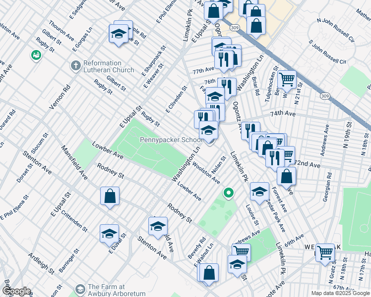 map of restaurants, bars, coffee shops, grocery stores, and more near 7418 Rugby Street in Philadelphia