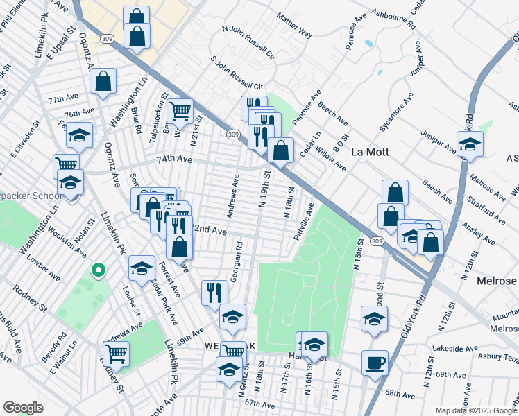 map of restaurants, bars, coffee shops, grocery stores, and more near 1900 73rd Avenue in Philadelphia