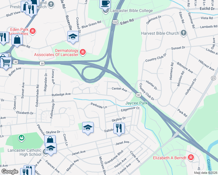 map of restaurants, bars, coffee shops, grocery stores, and more near 960 Center Avenue in Lancaster