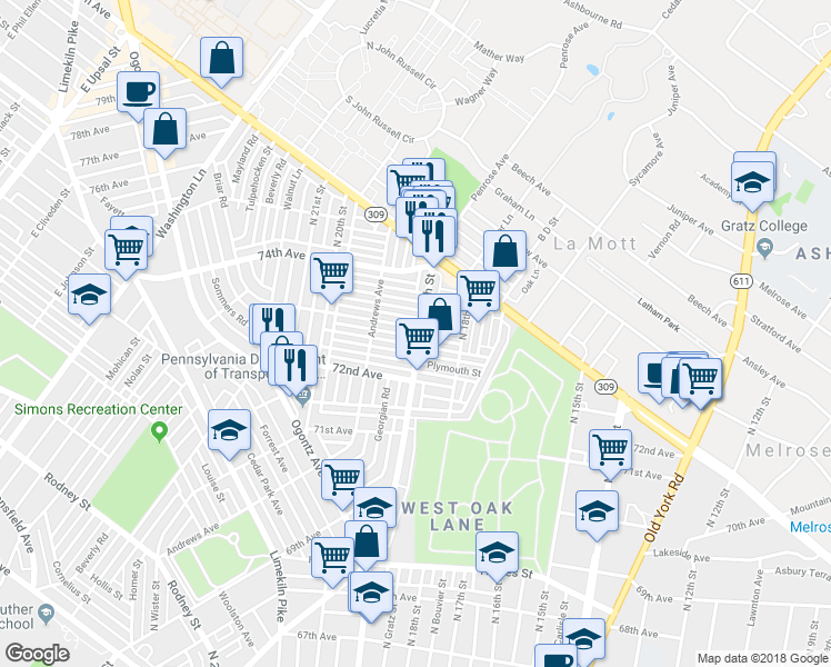 map of restaurants, bars, coffee shops, grocery stores, and more near 1900 73rd Ave in Philadelphia