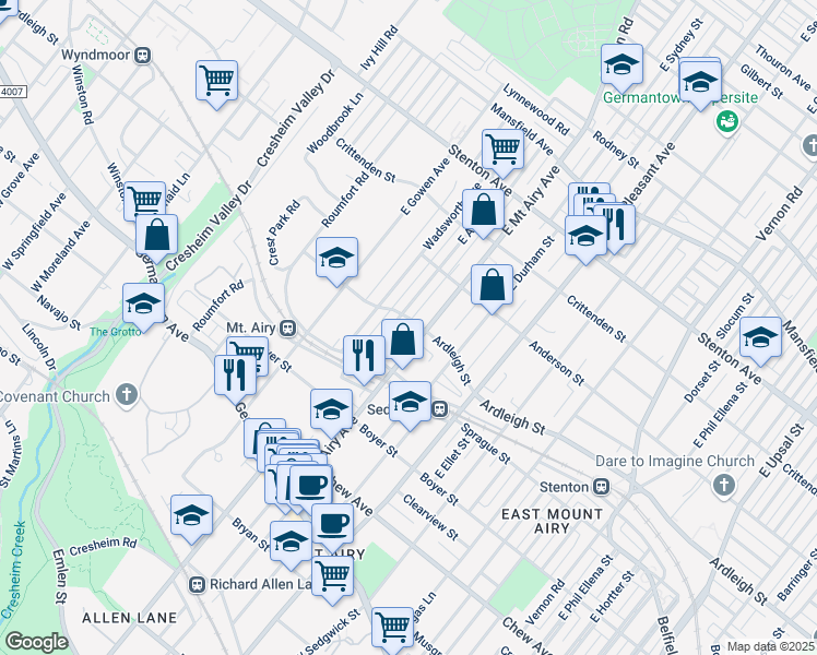 map of restaurants, bars, coffee shops, grocery stores, and more near 315 East Mount Airy Avenue in Philadelphia