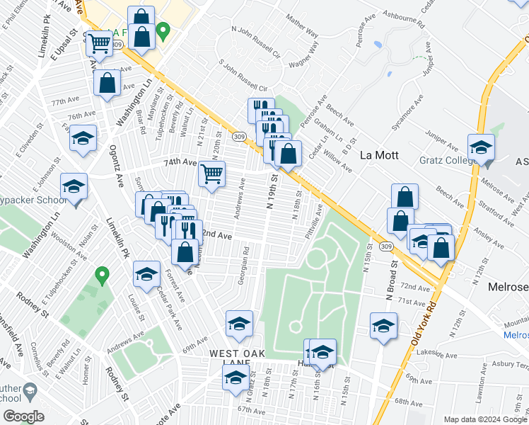 map of restaurants, bars, coffee shops, grocery stores, and more near 1902 73rd Avenue in Philadelphia