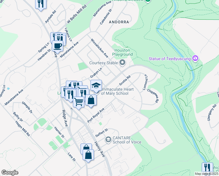 map of restaurants, bars, coffee shops, grocery stores, and more near 8591 Old Line Road in Philadelphia