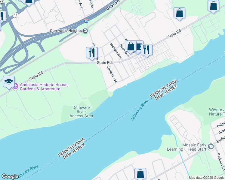 map of restaurants, bars, coffee shops, grocery stores, and more near 2029 River Road in Bensalem