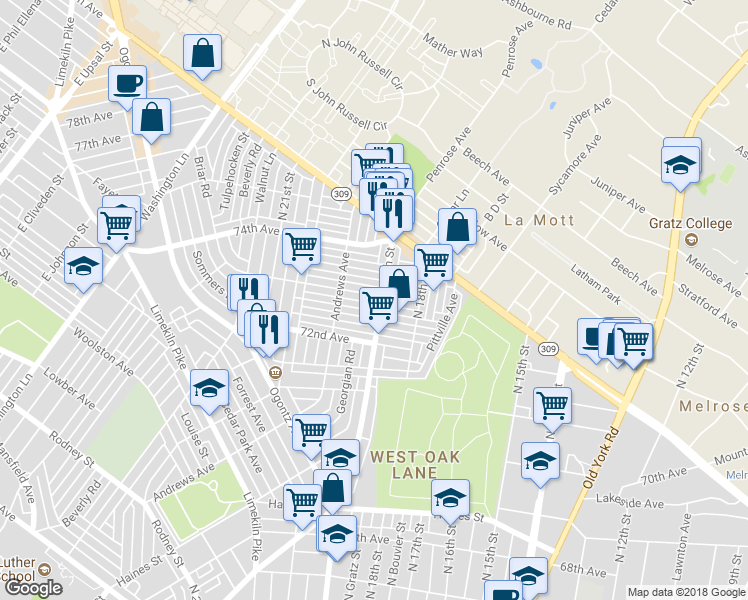map of restaurants, bars, coffee shops, grocery stores, and more near 1902 73rd Avenue in Philadelphia