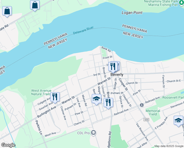 map of restaurants, bars, coffee shops, grocery stores, and more near 604 3rd Street in Beverly