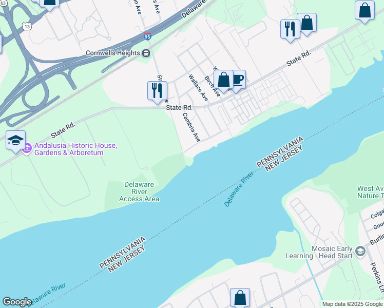 map of restaurants, bars, coffee shops, grocery stores, and more near 2029 River Road in Bensalem