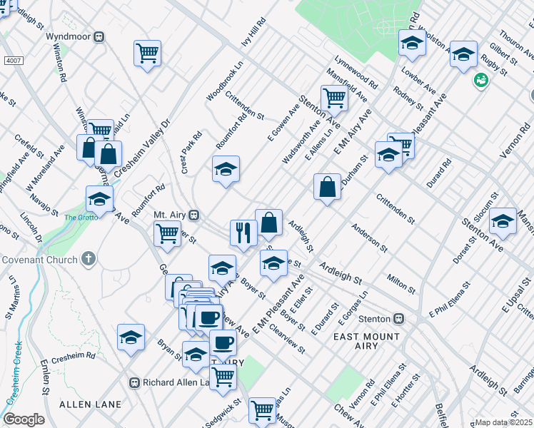 map of restaurants, bars, coffee shops, grocery stores, and more near 334 East Allens Lane in Philadelphia