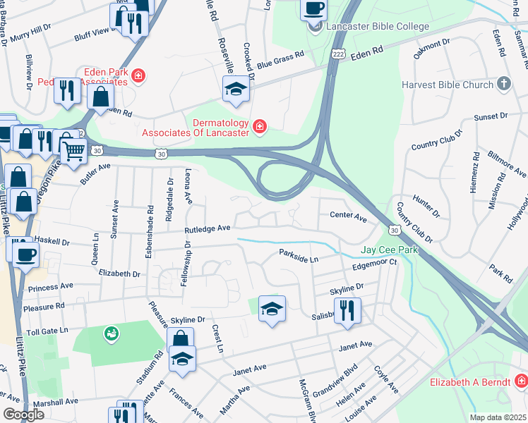 map of restaurants, bars, coffee shops, grocery stores, and more near 173 Federal Way in Lancaster