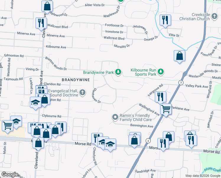 map of restaurants, bars, coffee shops, grocery stores, and more near 2889 Bretton Woods Drive in Columbus