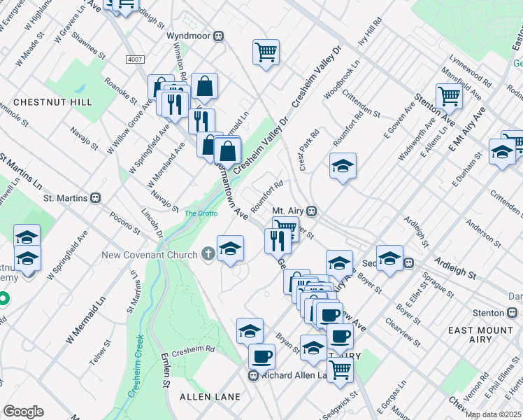 map of restaurants, bars, coffee shops, grocery stores, and more near 26 East Roumfort Road in Philadelphia