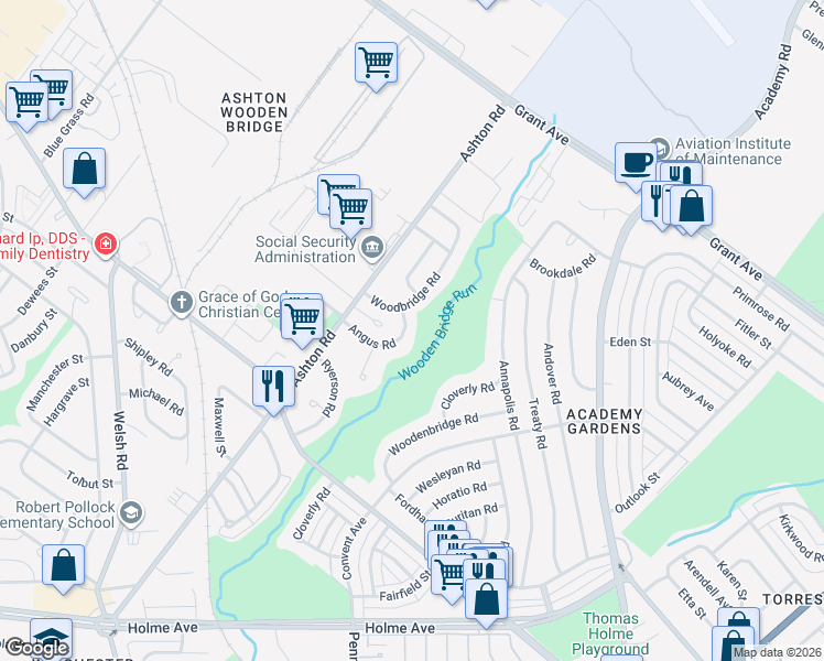 map of restaurants, bars, coffee shops, grocery stores, and more near 2876 Angus Road in Philadelphia